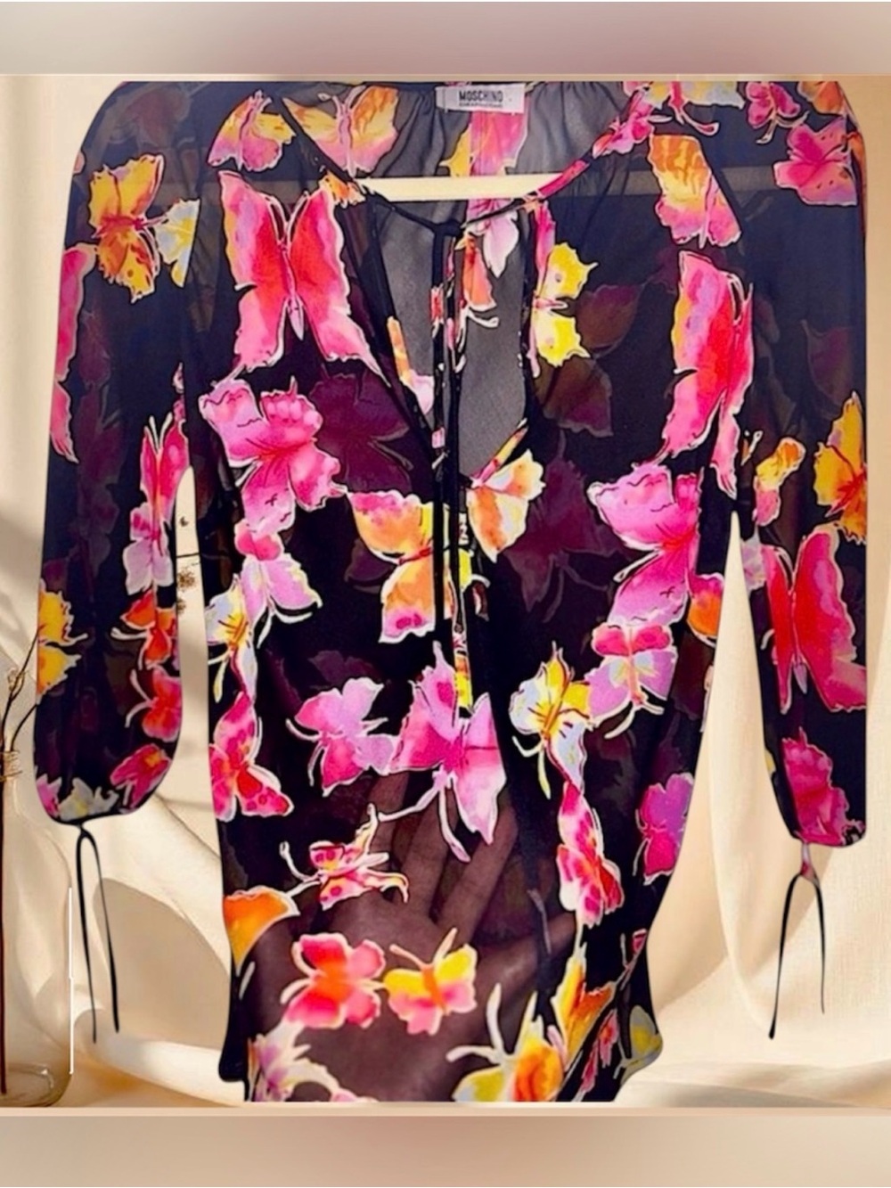 Vintage Moschino Butterfly Print Sheer Blouse Black Pink Y2K Chiffon Top - Picture 3 of 9